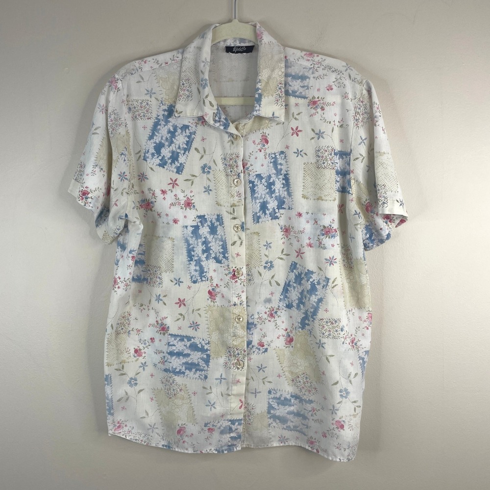 Vintage Patchwork Print Camp Shirt Womens Large Button Up Western Cottage Floral